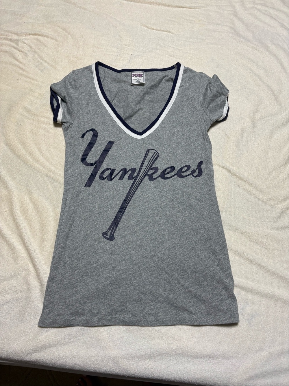 PINK Victoria's Secret Grey V-Neck Yankees Tee with Navy Trim